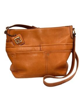Stone Mountain Cognac Tan Leather Shoulder Bag with Logo Charm